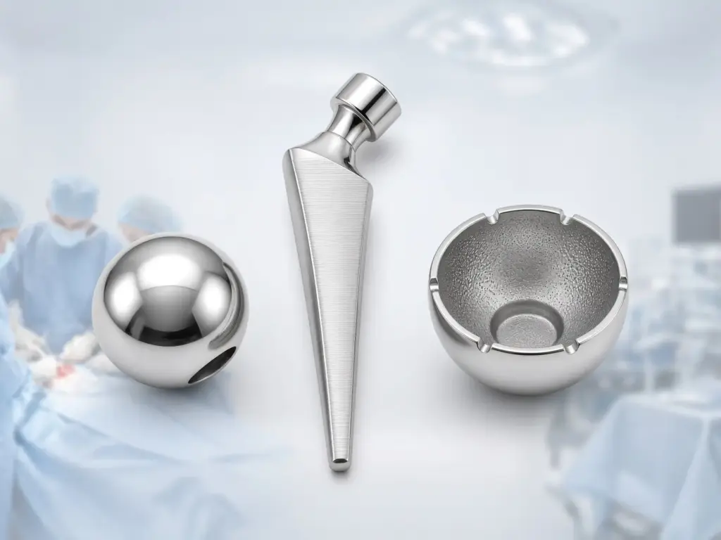 CoCr ในทางการแพทย์ (Healthcare) ชิ้นส่วนข้อต่อสะโพกเทียม (Hip prosthesis / femoral stem, ball head)